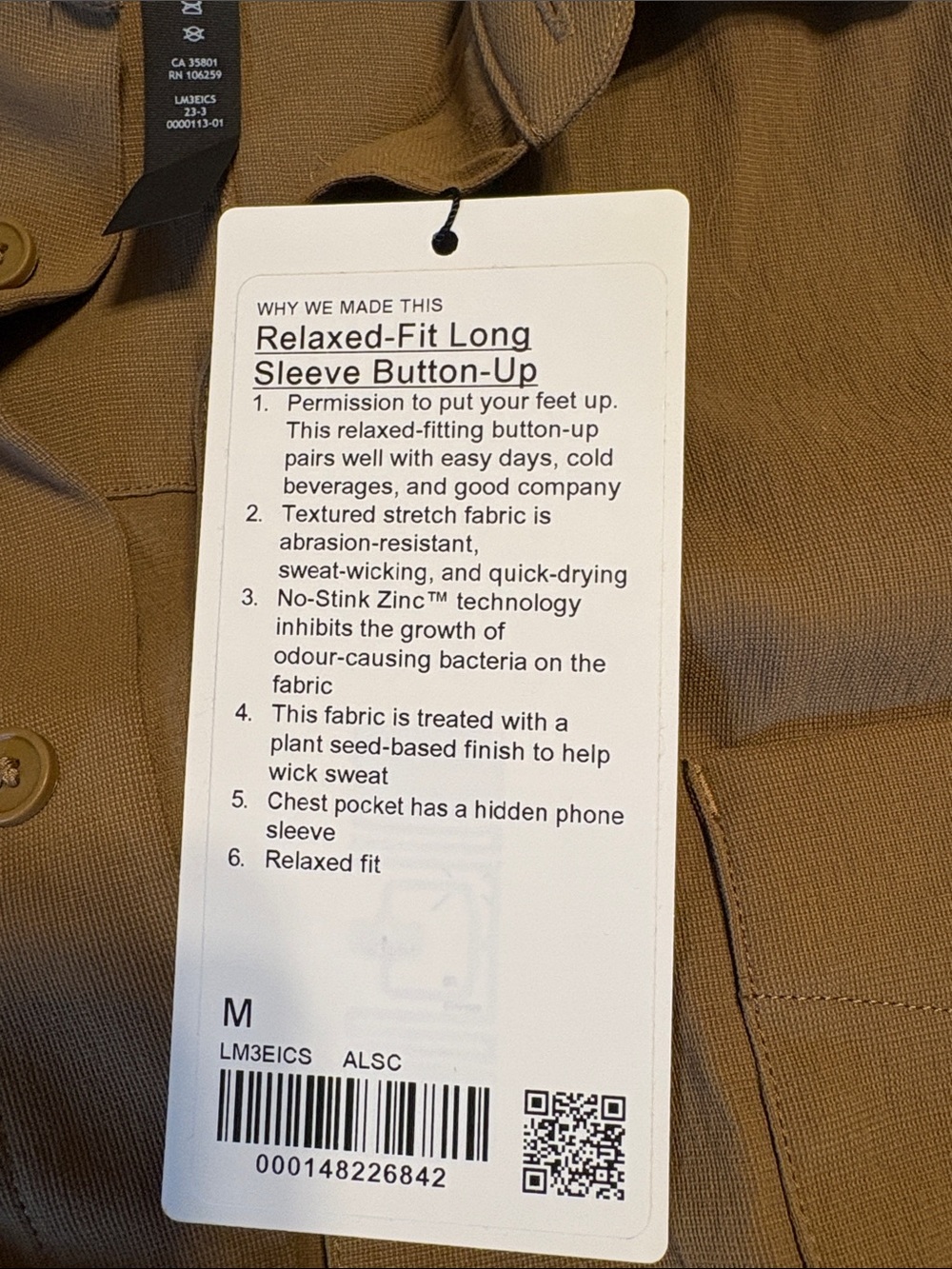Men's Lulu lemon Button -Up Shirt in Tan NWT - Picture 4 of 6